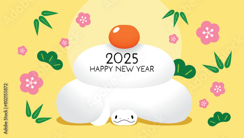 New Year kagami mochi snake 2025 card. Cute zodiac snake with plum blossoms, pine tree and bamboo pattern.