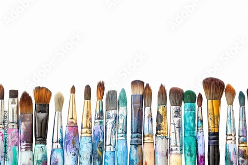 Set of different dirty paint brushes with gouache isolated on white. Composition of colorful painting brushes for drawing arranged in a row. Concept of hobbies and creativity. Banner with copy space