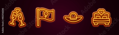 Set line Glass of champagne, Feminist activist, Elegant women hat and Bedroom. Glowing neon icon. Vector