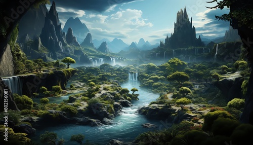 Mysterious stock photo of a hidden valley with floating islands and waterfalls, where the laws of physics are defied and freedom reigns