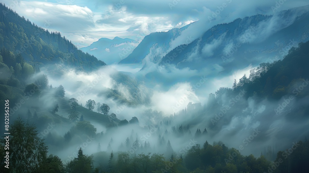 Obraz premium Misty morning fog rolling through the valleys of the mountains, evoking a sense of mystery and enchantment.