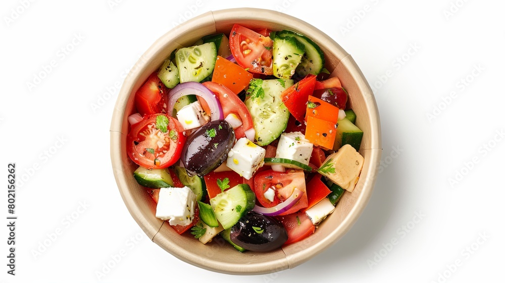 Mouth-watering Greek salad packed in a paper bowl, ideal for to-go orders, presented in a top-view composition on a white background. Mouth-watering Greek salad packed in a paper bowl, ideal for to-go orders, presented in a top-view composition on a white background.
