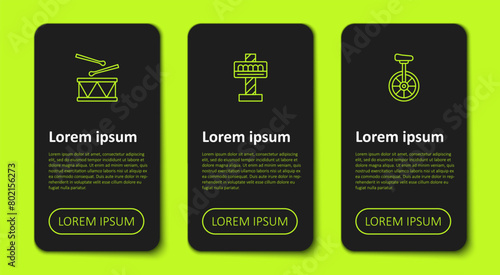 Set line Drum with drum sticks, Attraction carousel and Unicycle. Business infographic template. Vector