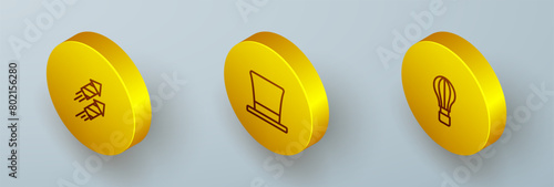 Set Isometric line Firework rocket, Cylinder hat and Hot air balloon icon. Vector