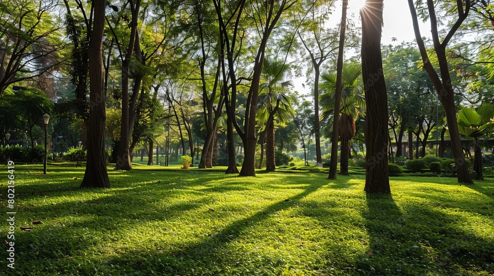 Peaceful scene of tall trees and lush vegetation in a serene public park, offering a tranquil retreat from the hustle and bustle of the city.