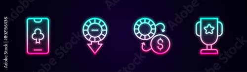 Set line Online poker table game, Casino chips, exchange and trophy cup. Glowing neon icon. Vector