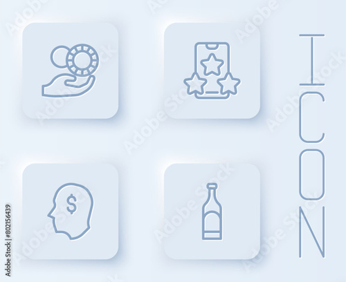 Set line Hand holding casino chips, Online sports betting, Lucky player and Bottle of wine. White square button. Vector