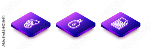 Set Isometric line Hand holding casino chips, Money bag and Lottery ticket icon. Vector