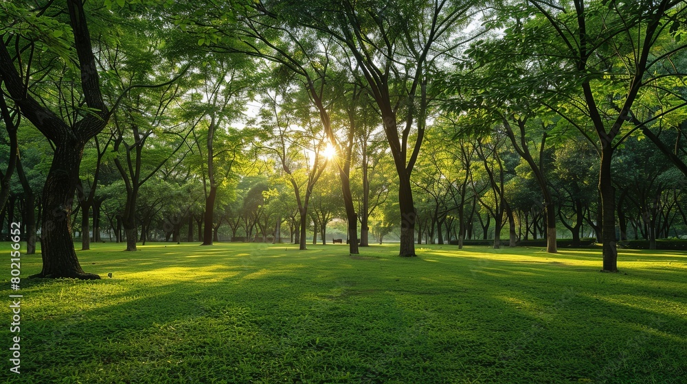 Serene scene of lush green trees in a public park, providing a peaceful escape from urban life.