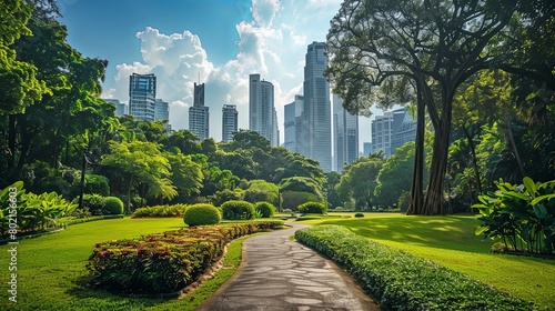 Scenic view of towering trees and manicured gardens  offering a refreshing oasis for city dwellers to enjoy leisurely strolls.