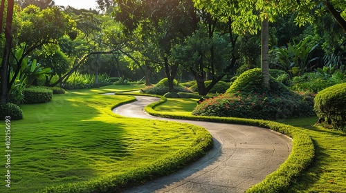 Serene setting of a scenic park with winding pathways and verdant lawns, offering a tranquil haven for outdoor leisure and recreation. © chanidapa