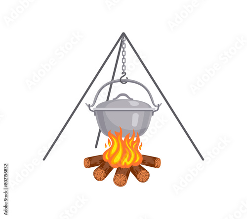 Tourists pan hangs on tripod over burning flame of campfire. Vector cartoon flat illustration.