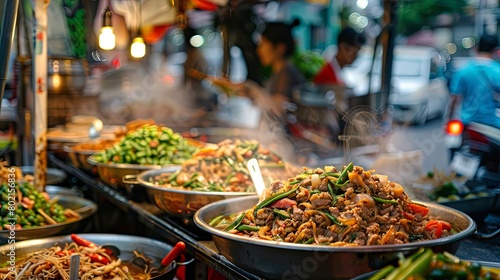 Traditional Thai street food stall serving up aromatic stir-fried minced pork with basil  a popular local favorite.