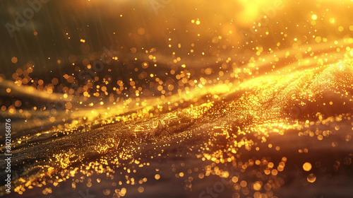 Golden particles cascade gently across a dreamy, blurred landscape, casting a warm glow of serenity. © Kanwal