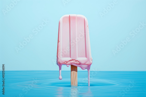 Pink melting popsicle on a blue background. Fruity ice cream. photo