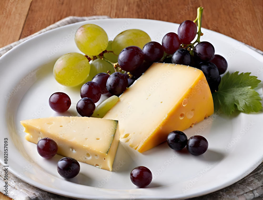 Food dish with cheese, grapes on a wooden table, using natural plant ingredients