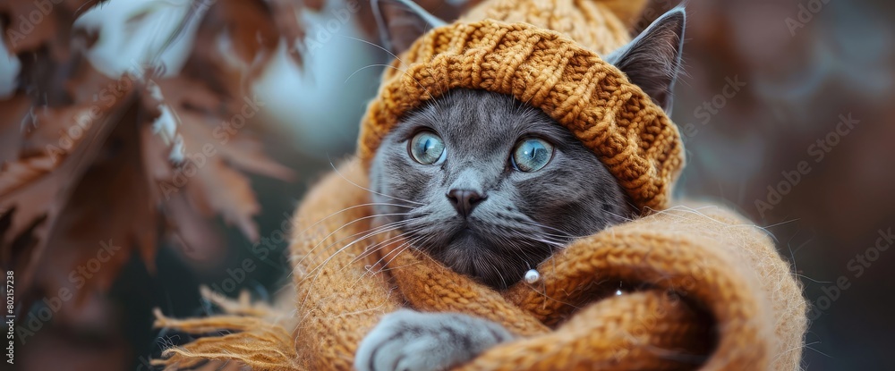 Burmese cat is dressed in knitted warm clothes, sweater, hat, scarf Burmese cat is dressed in knitted warm clothes, sweater, hat, scarf