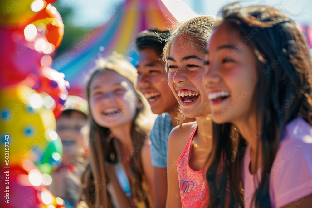 Candid snapshot of friends laughing and enjoying carnival games together, basking in bright sunlit colors and the excitement of being at a festival