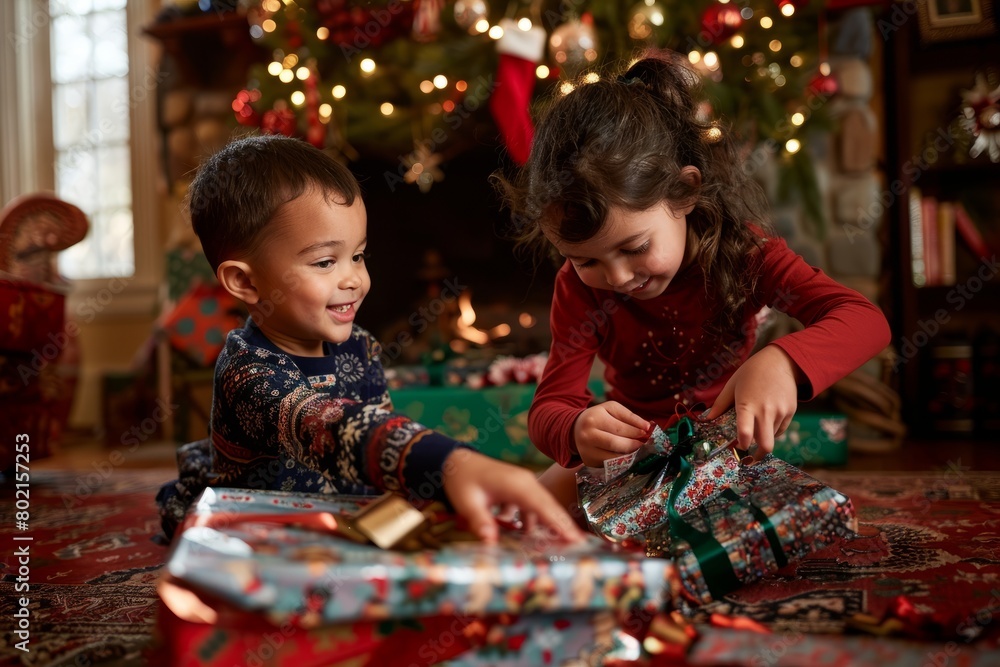 Young children eagerly unwrap Christmas tree-shaped presents in a cozy holiday setting, filled with excitement and joy