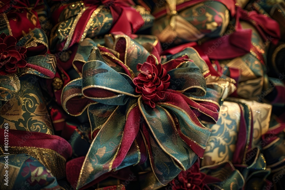 Detailed view of Christmas tree-shaped presents decorated with colorful bows, perfect for festive greetings