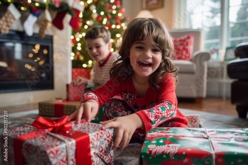 A young girl eagerly sits on the floor surrounded by Christmas presents in a candid holiday moment filled with joy and excitement