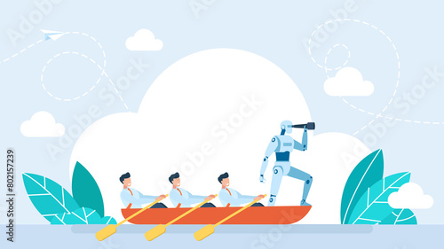 Human and robot cooperation concept. Group of businessmen rowing a boat and robot humanoid with telescope. Robotic technology teamwork success strategy leadership concept. Flat illustration