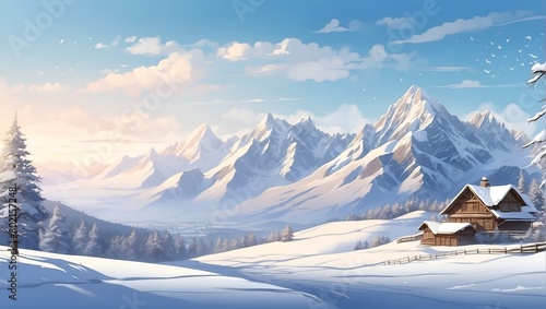 snowy winter landscape of village in mountains. beautiful view for banner, poster, web, social media. generative ai