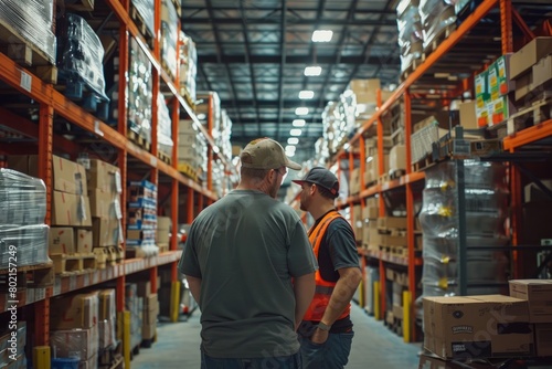 Two men standing next to each other in a commercial warehouse setting, showcasing teamwork and collaboration among employees