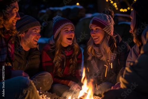A group of friends huddled together around a cozy bonfire during an outdoor movie night