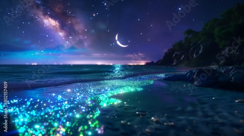 Natures liquid dance under the crescent moon in the night sky at the beach