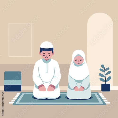 illustration of a Muslim couple performing Islamic prayer