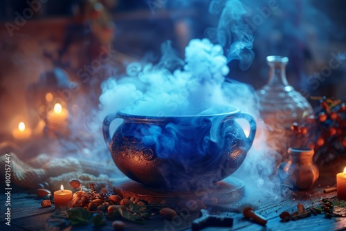 A blue bowl filled with smoke, surrounded by candles, creating a mystical ambiance akin to a witchs cauldron bubbling with dry ice fog