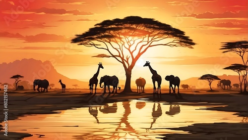 Fototapeta Naklejka Na Ścianę i Meble -  beautiful landscape of african sunset with silhouettes of giraffes and elephants. design for banner, poster, social media, web. generative ai