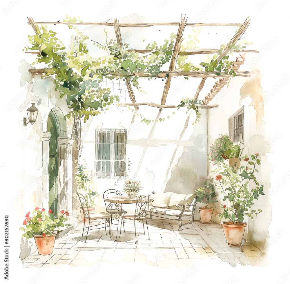 Watercolor of serene courtyard with furniture