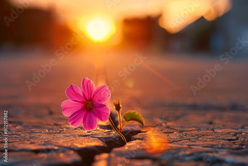 close up of a delicate pink flower blooming on urban street at sunset, beauty in adversity photo