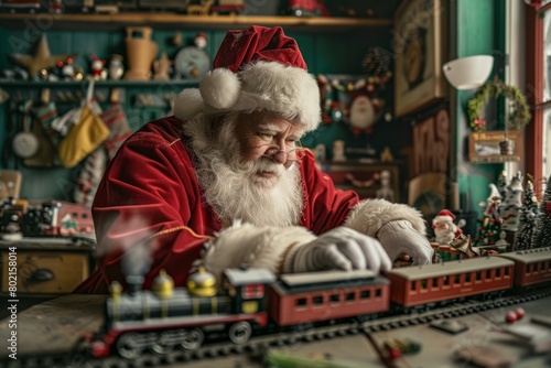 A man dressed as Santa Claus is sitting in front of a model train, inspecting its details with a jolly expression
