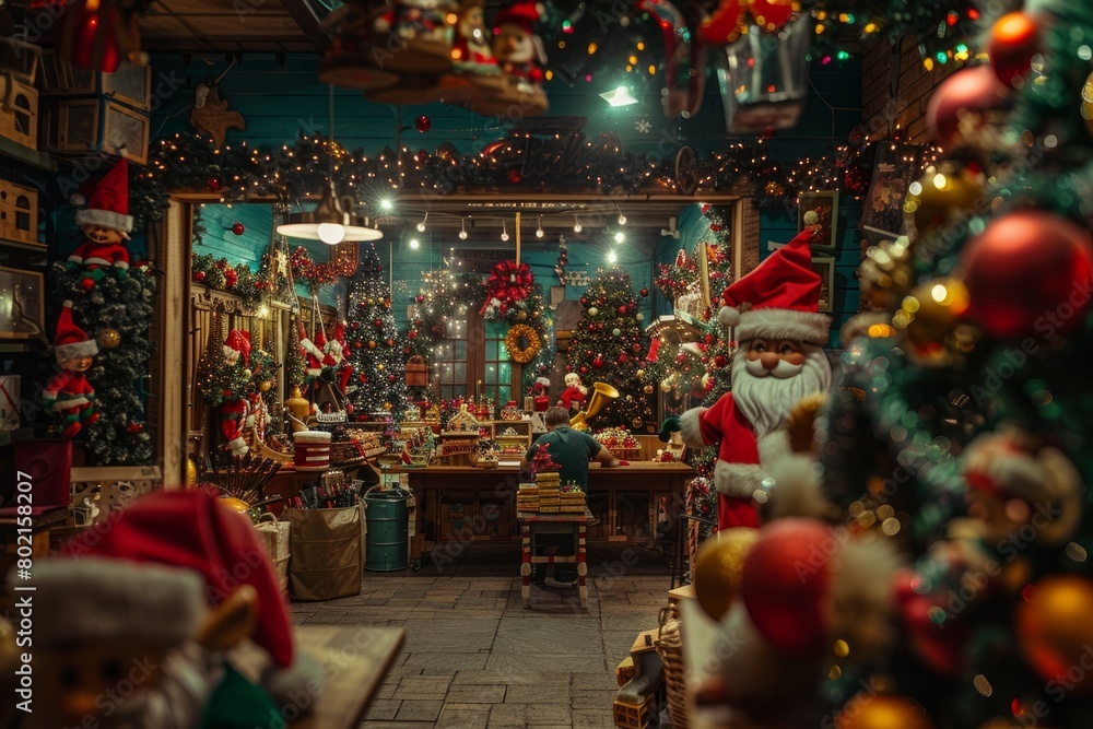 Santas workshop filled with Christmas decorations as elves work on toys for Christmas