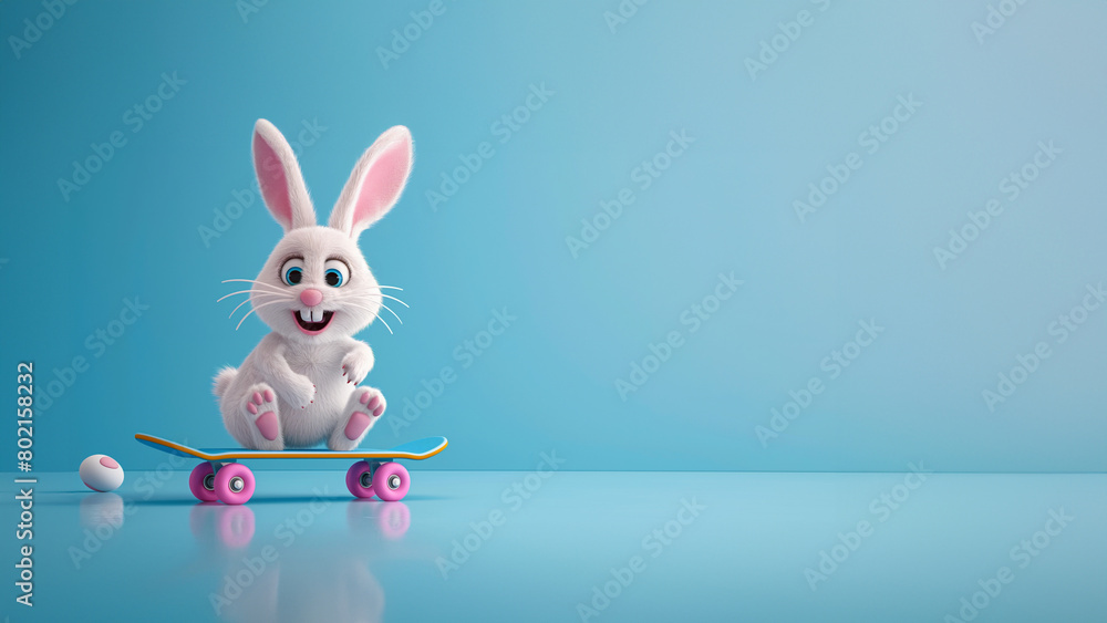 Kleiner süßer Osterhase mit Skateboard fliegt im blauen Hintergrund als Cartoons Comic 3D Stil Kleiner süßer Osterhase mit Skateboard fliegt im blauen Hintergrund als Cartoons Comic 3D Stil