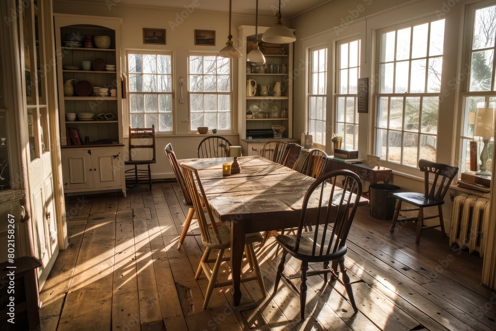 A warm, inviting kitchen with a rustic farmhouse table and vintage chairs