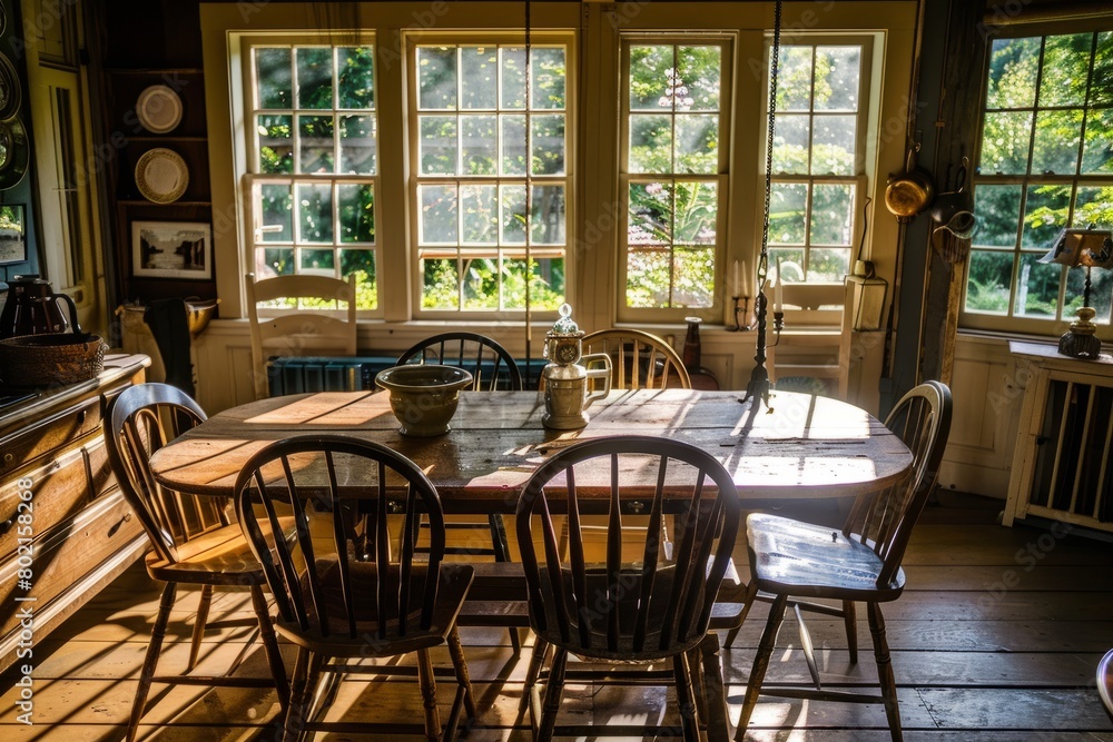 A wide-angle view of a dining room featuring a weathered farmhouse table and vintage chairs