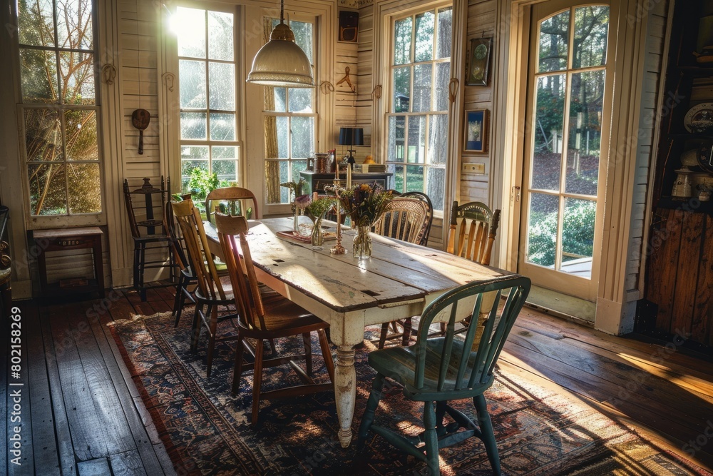 A wide-angle view of a cozy dining room featuring a weathered farmhouse table surrounded by vintage chairs, bathed in natural light