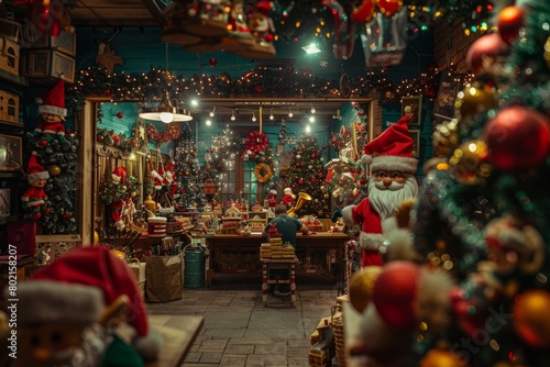 Santas workshop filled with Christmas decorations as elves work on toys for Christmas