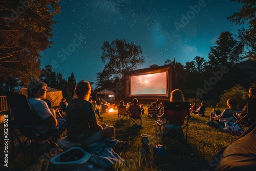 A diverse audience of families sitting in a field, watching a movie on an outdoor screen illuminated against the night sky photo