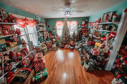 A room overflowing with Christmas tree-shaped presents of various sizes and colors, creating a vibrant and joyful atmosphere photo