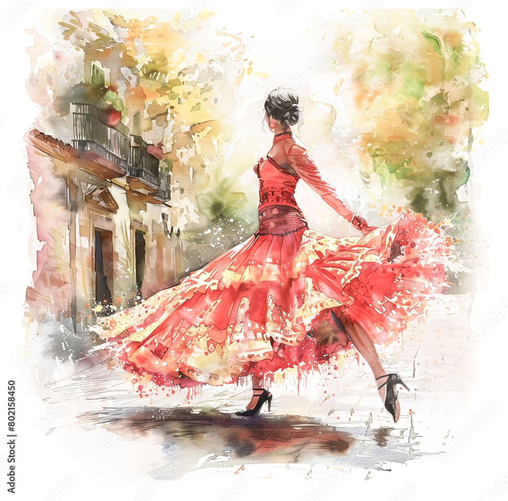 Flamenco dancer in red on street
