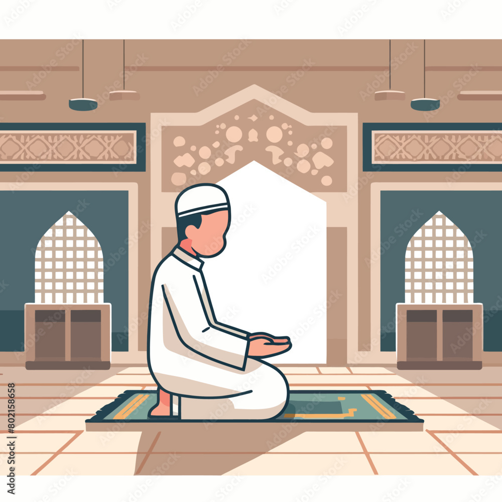 illustration of a Muslim man praying inside a mosque illustration of a Muslim man praying inside a mosque