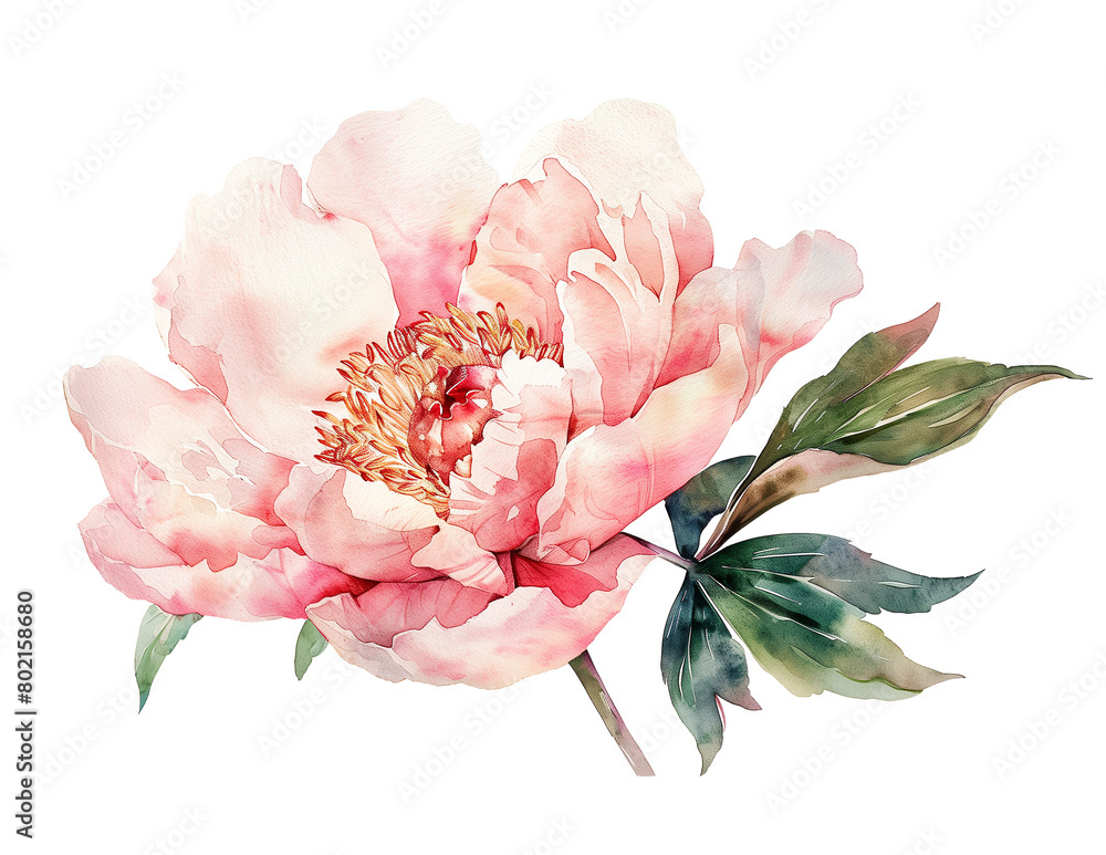 Fototapeta premium Watercolor beautiful pale pink peony flower isolated. Beautiful flower for wedding and invitation.