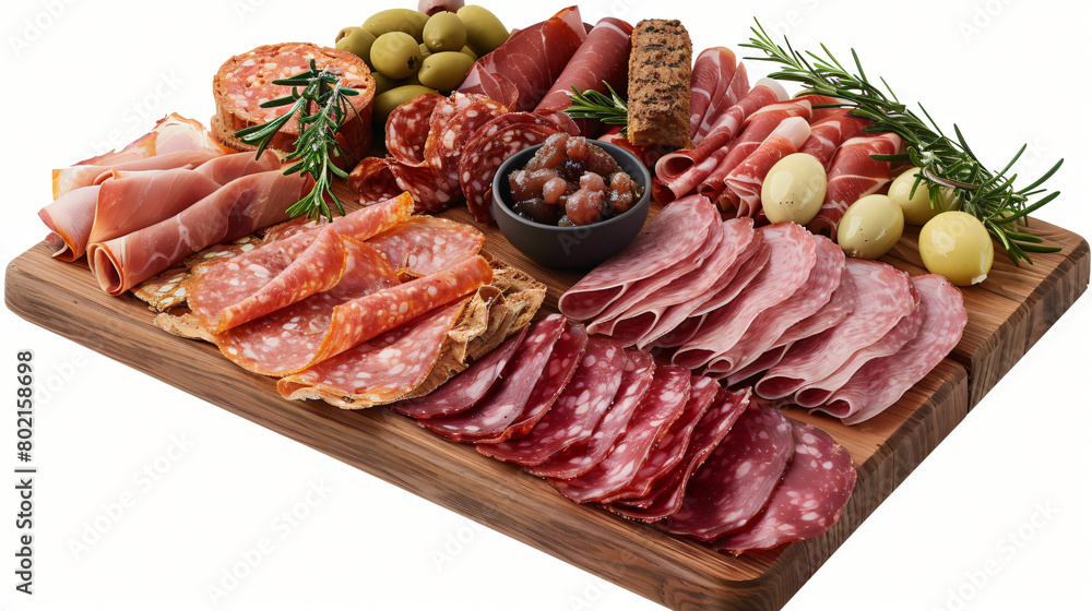 Assortment of delicious deli meats on wooden board 