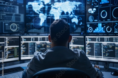 Cybersecurity specialist monitoring network traffic on multiple screens. identifying threats. and ensuring data protection.