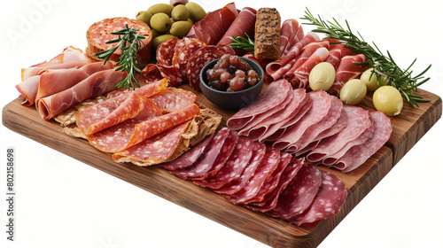Assortment of delicious deli meats on wooden board 